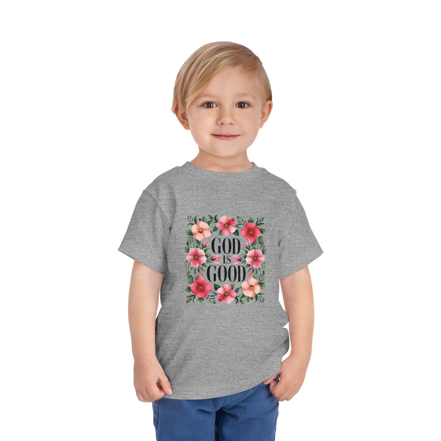 Toddler Tee — "God Is Good" Floral Faith Shirt