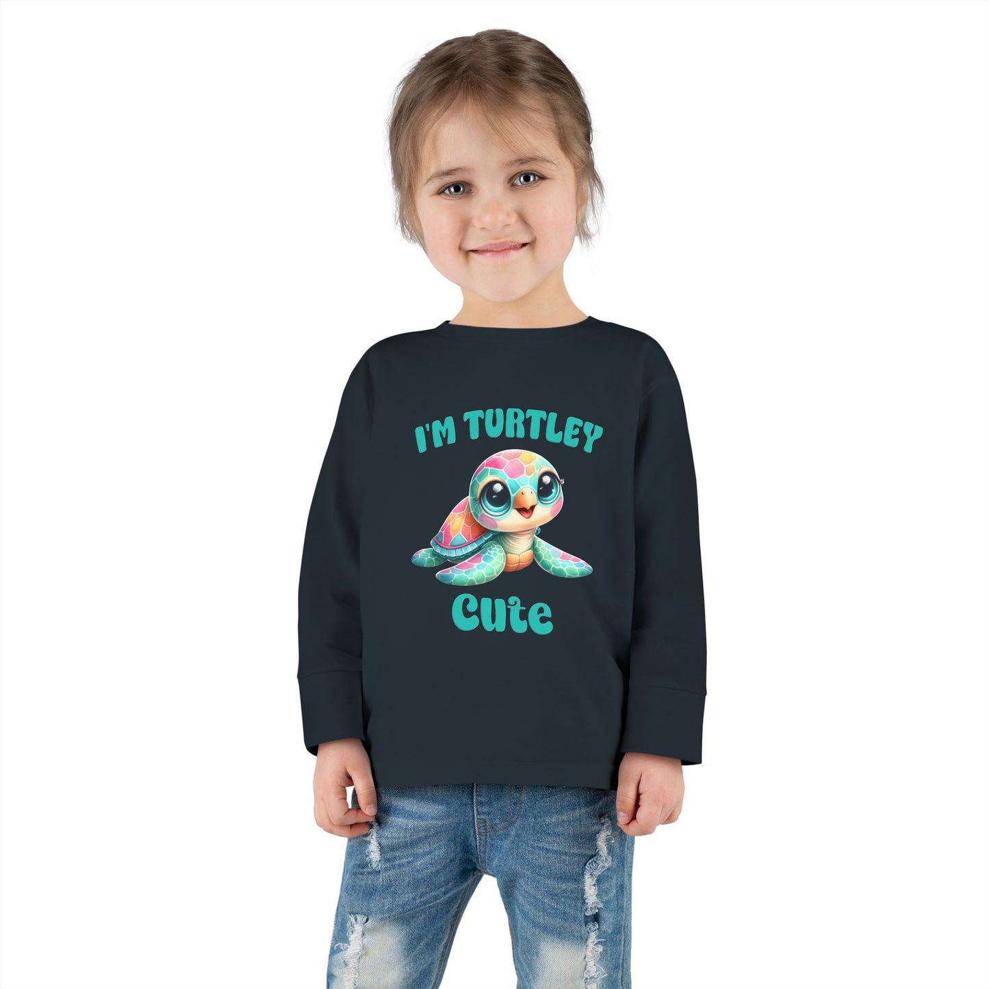 Toddler Long Sleeve Tee — "I’m Turtley Cute" Colorful Baby Turtle Top