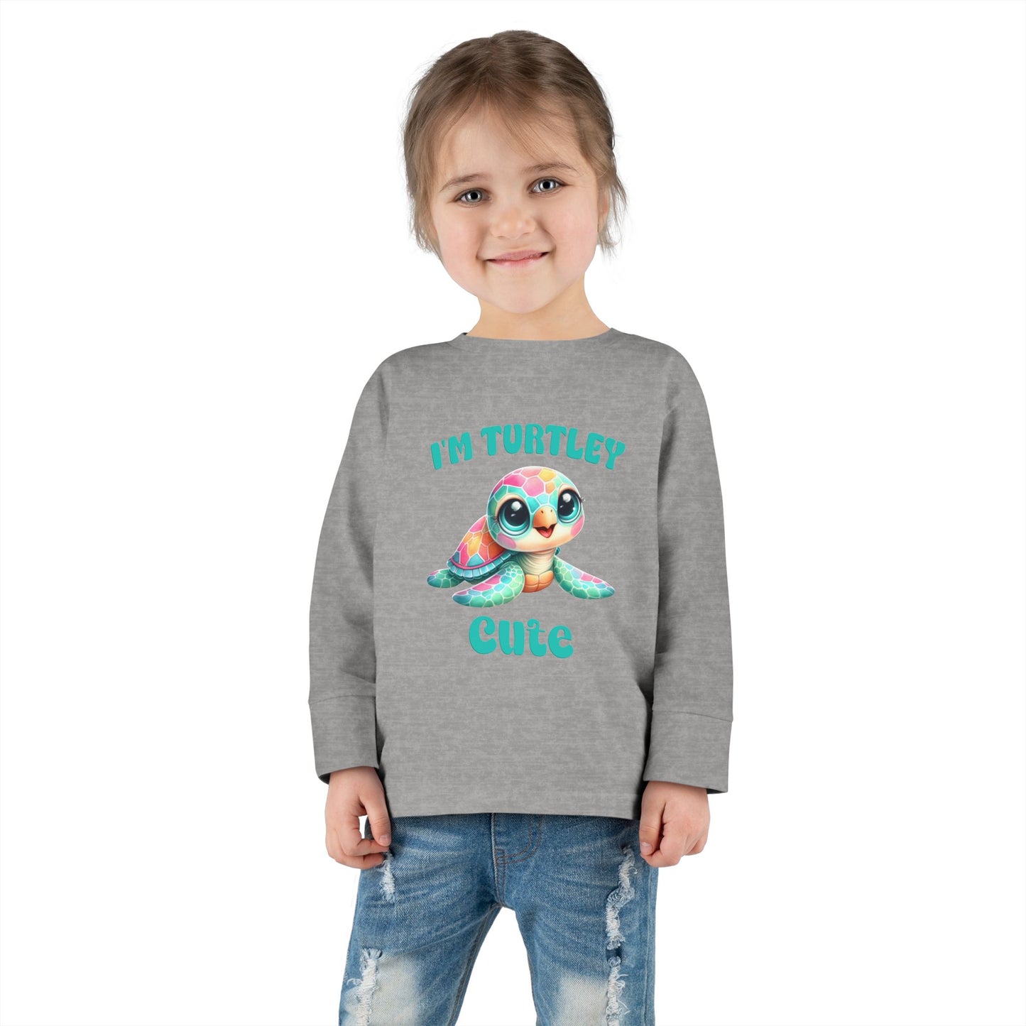 Toddler Long Sleeve Tee — "I’m Turtley Cute" Colorful Baby Turtle Top