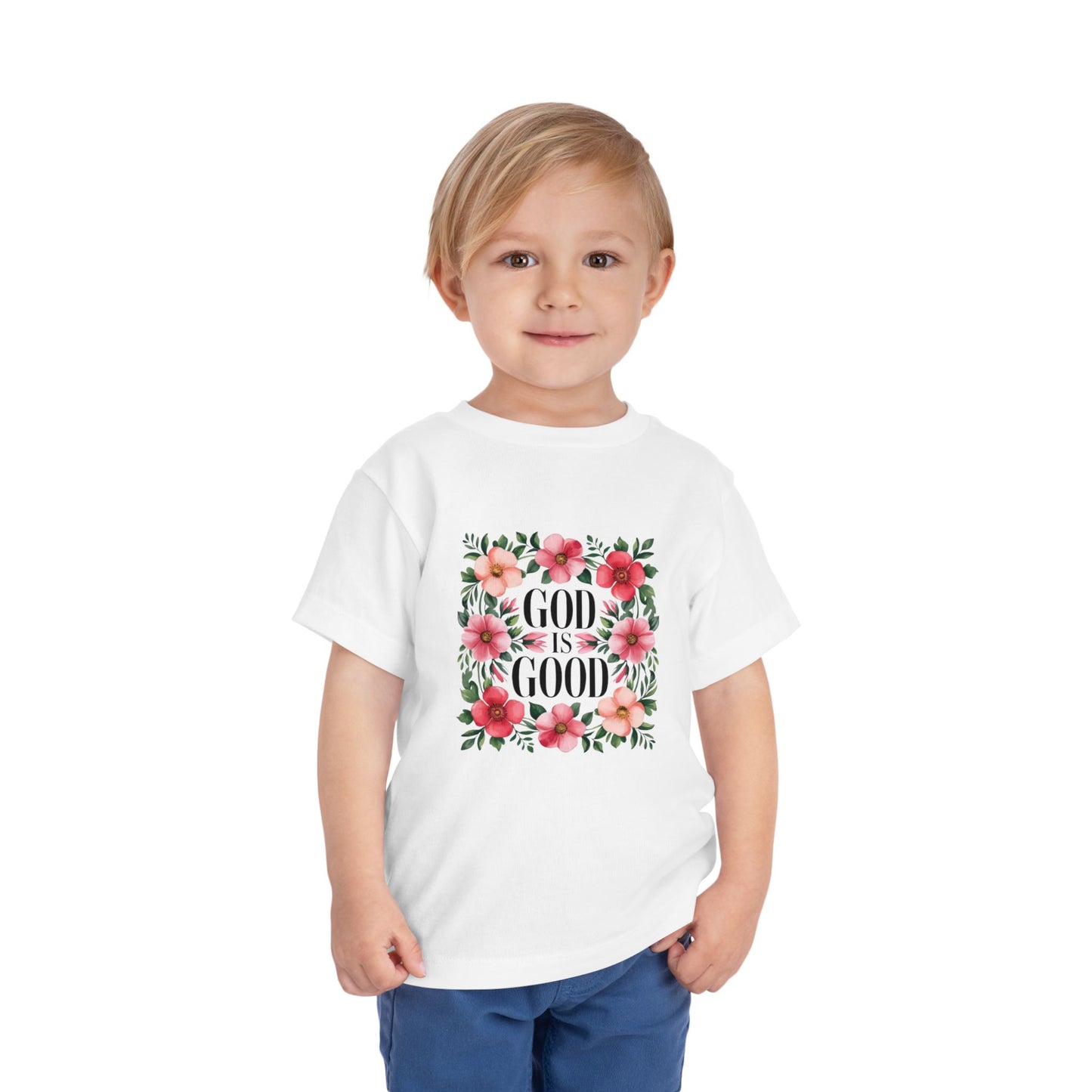 Toddler Tee — "God Is Good" Floral Faith Shirt