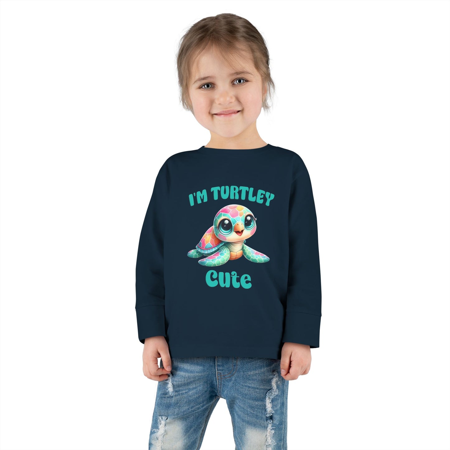 Toddler Long Sleeve Tee — "I’m Turtley Cute" Colorful Baby Turtle Top