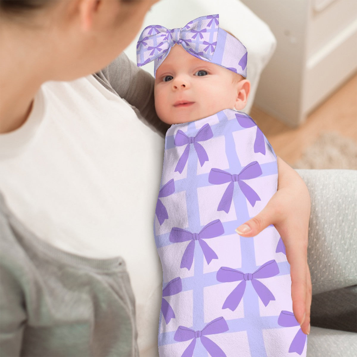 Baby Swaddle Sack with Baby Headbands Purple Bow