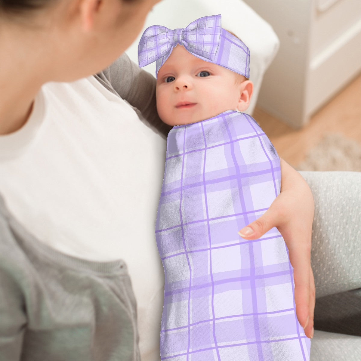 Baby Swaddle Sack with Baby Headbands Purple Checkered