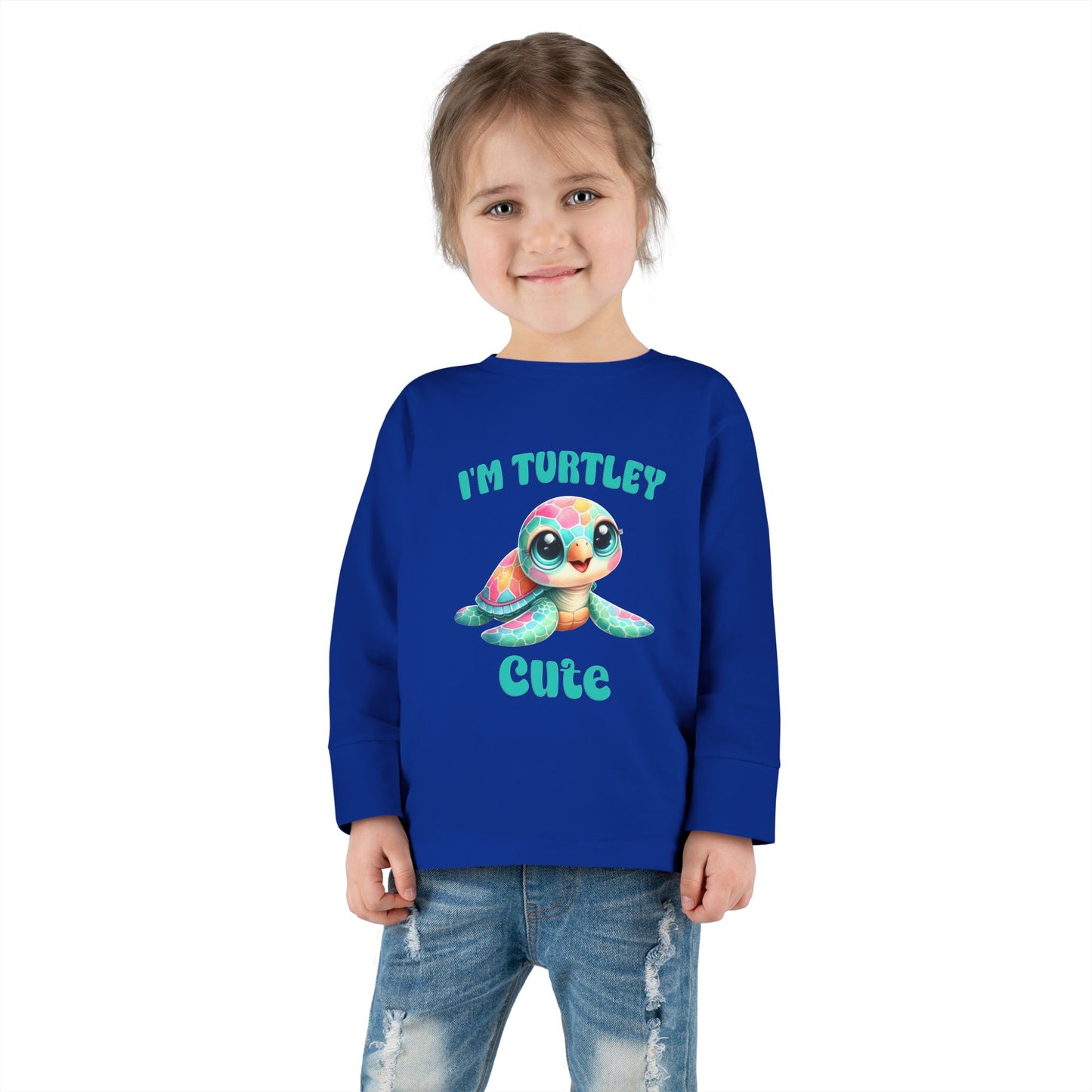 Toddler Long Sleeve Tee — "I’m Turtley Cute" Colorful Baby Turtle Top
