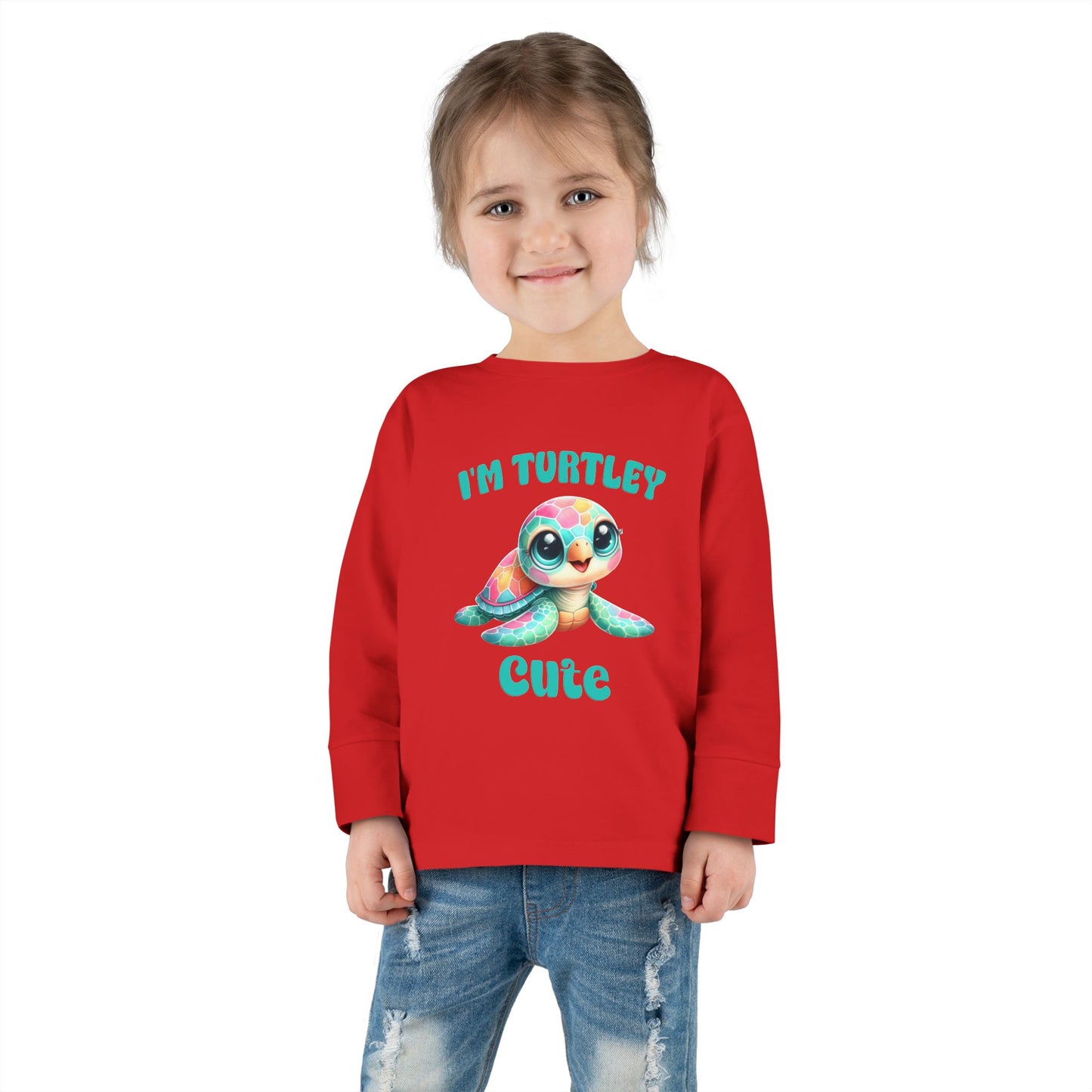 Toddler Long Sleeve Tee — "I’m Turtley Cute" Colorful Baby Turtle Top