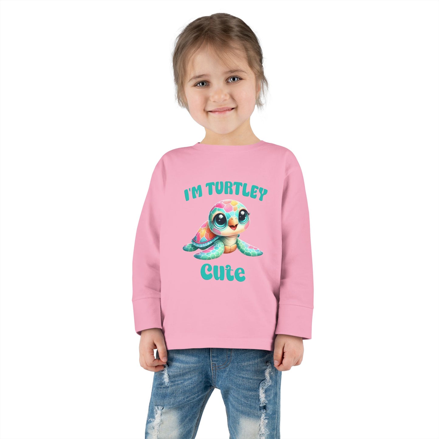 Toddler Long Sleeve Tee — "I’m Turtley Cute" Colorful Baby Turtle Top