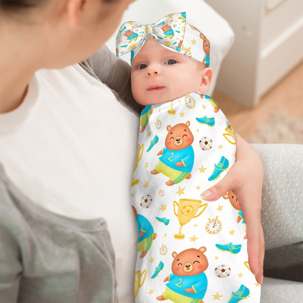 Baby Swaddle Sack with Baby Headbands Baby Bear Soccer