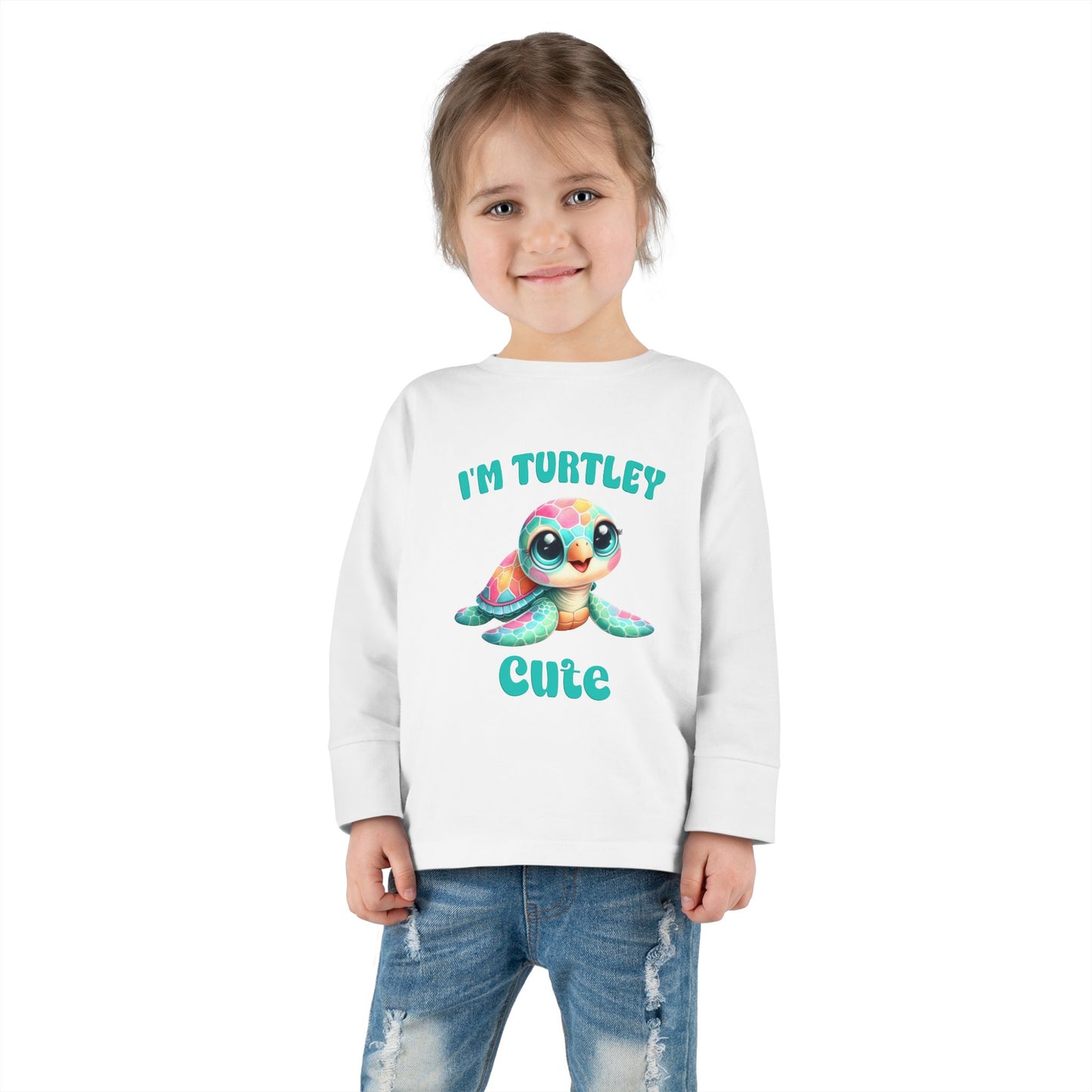 Toddler Long Sleeve Tee — "I’m Turtley Cute" Colorful Baby Turtle Top